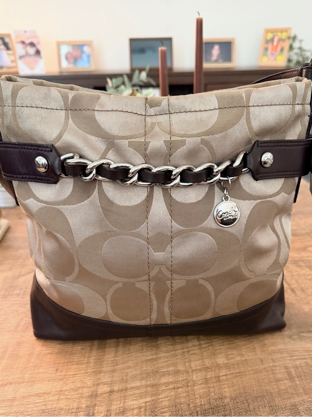 Y2K Aesthetic Coach Beige Signature Sateen Shoulder Bag with Brown Leather Trim - Picture 4 of 14